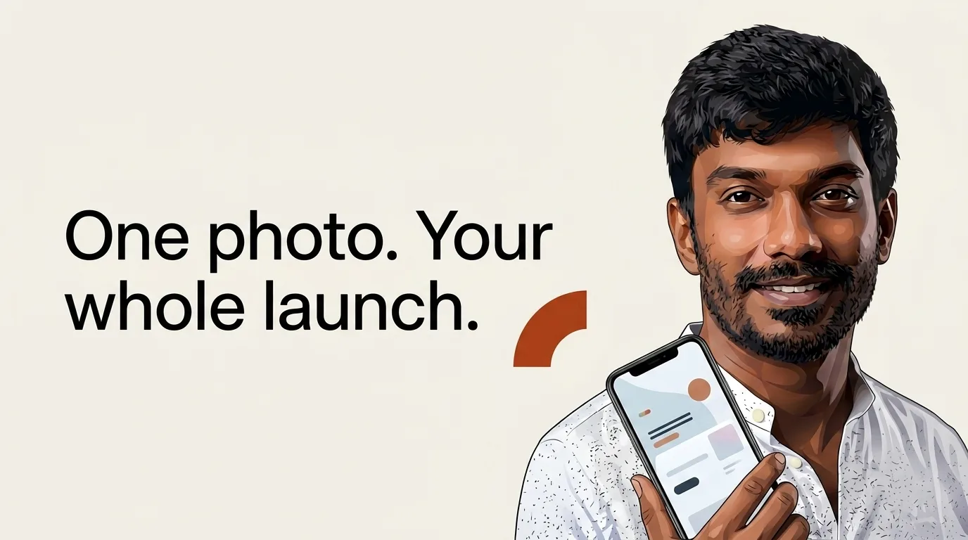 A launch post made with repixll: an illustrated founder holding a phone beside the headline One photo. Your whole launch.