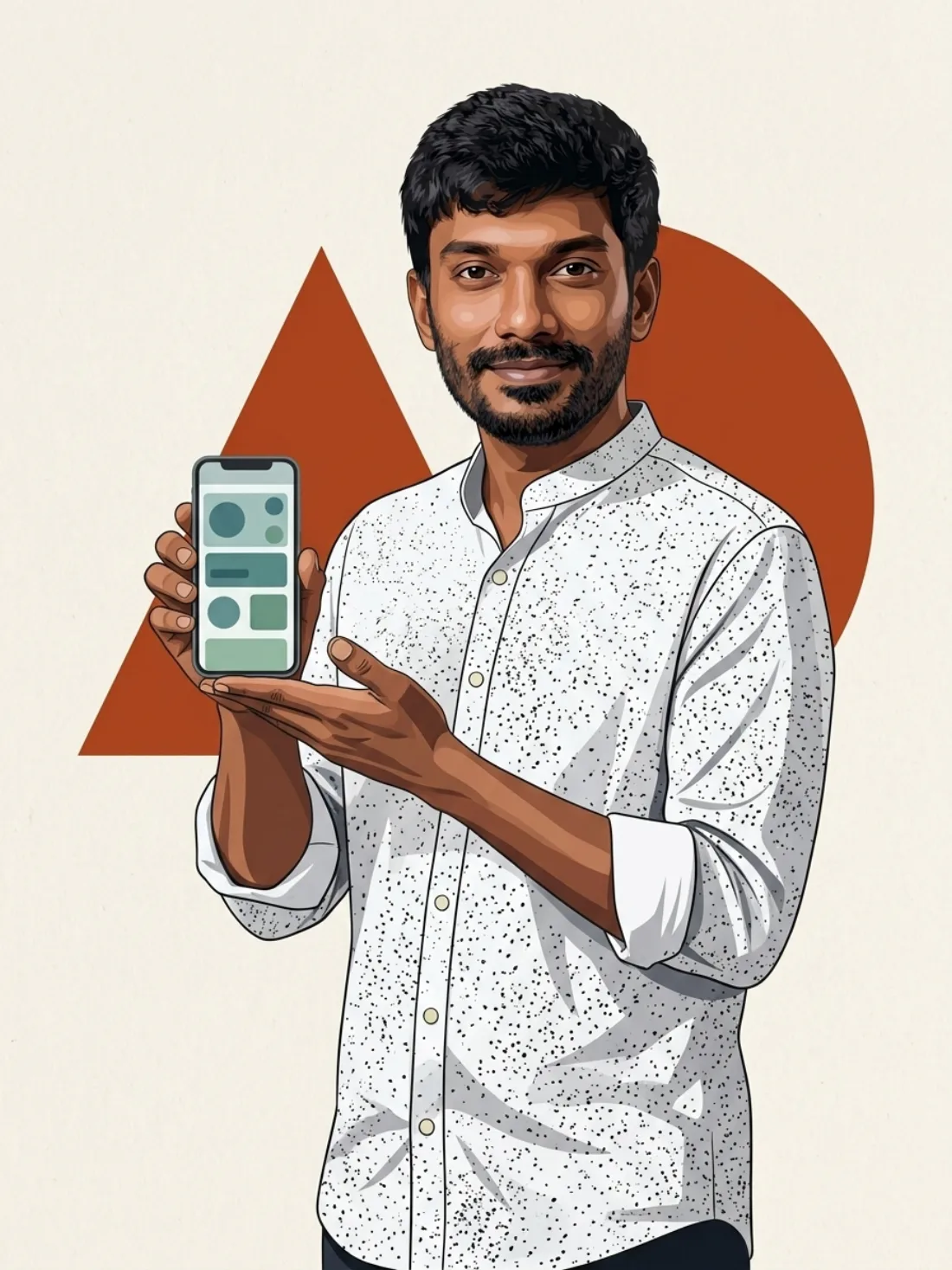 An illustrated founder holding a phone, made with repixll
